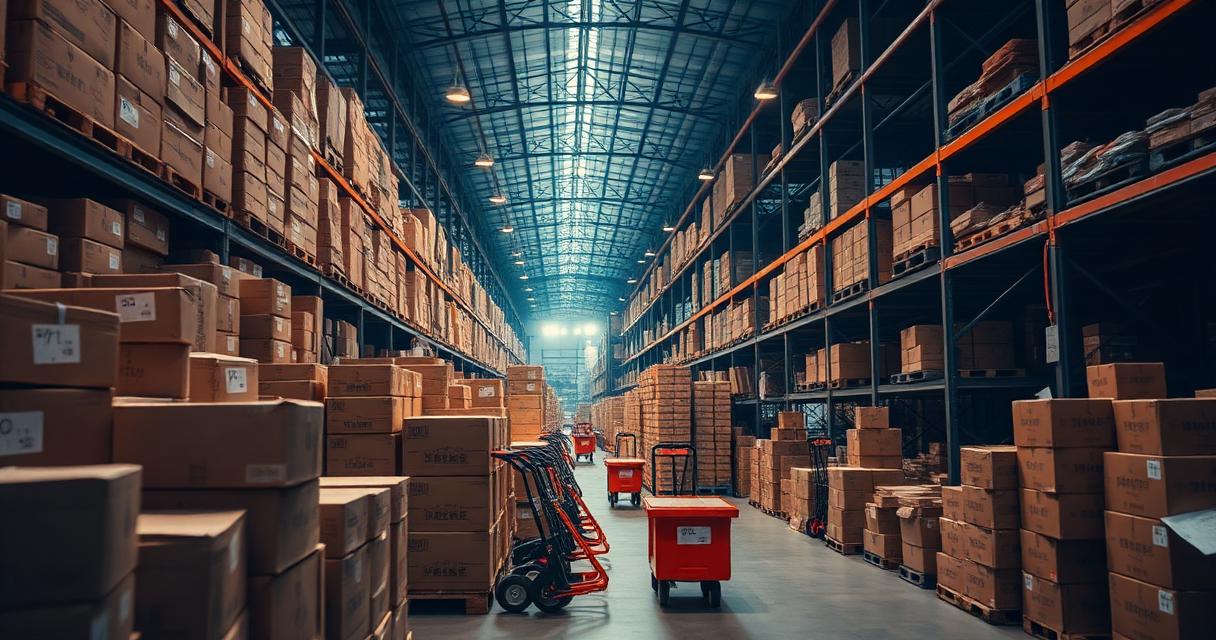 Chinese wholesale warehouse with stacked B2B cargo boxes and trolleys representing 1688.com sourcing