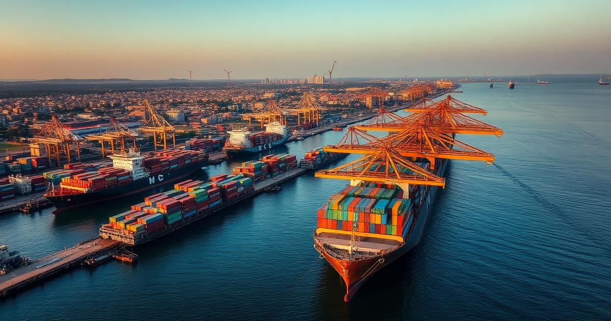 African port with cargo ships loading colorful containers for China trade routes