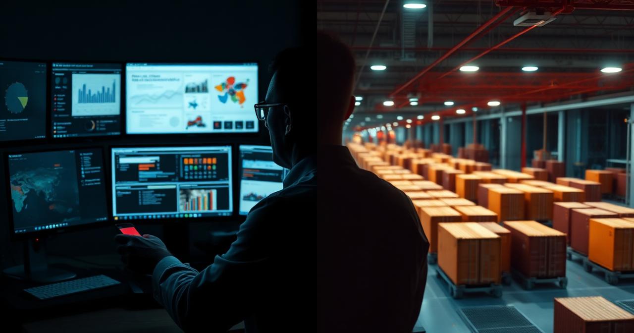 Sourcing manager reviewing supplier reports alongside a Chinese factory floor and shipping containers