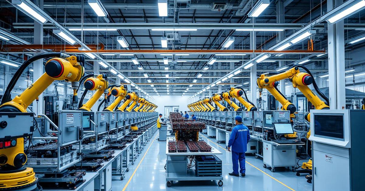 Modern Chinese manufacturing factory with automated production lines and quality control stations