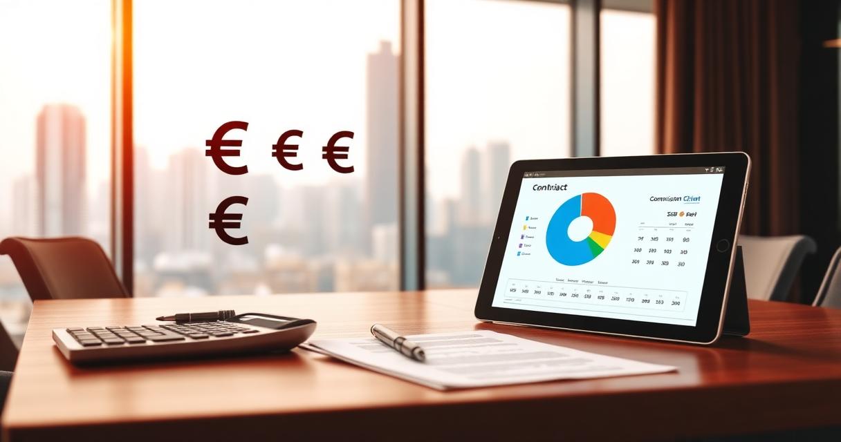 Financial desk with calculator, currency symbols, commission pie chart and sourcing contracts representing China sourcing agent fee comparison