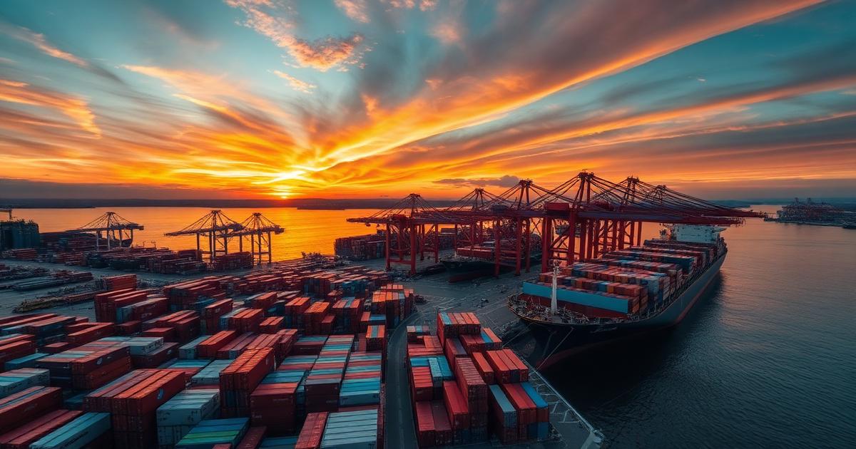 International container port with cargo ships and cranes loading shipping containers for global trade