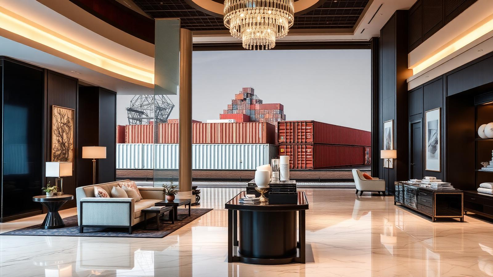 Luxury hotel lobby with FF&E and amenities sourced from China, with shipping containers visible in the background