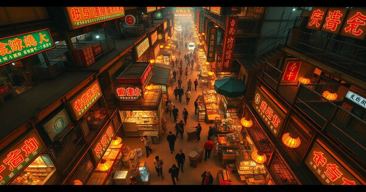Aisles of the Yiwu Futian Market in China showing rows of small commodity wholesale stalls with neon Mandarin signs and porters with hand trolleys